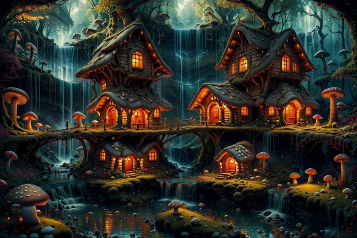 ((masterpiece,best quality)), absurdres, 8k, intricate, high detail,   
<lora:Magical_Forest_Home_v2:0.8>, Magical_Forest_Home,
a village of mushroom houses near a babbling brook, waterfall, bridges, 
mushrooms, Mushroom house, magic, glowing,