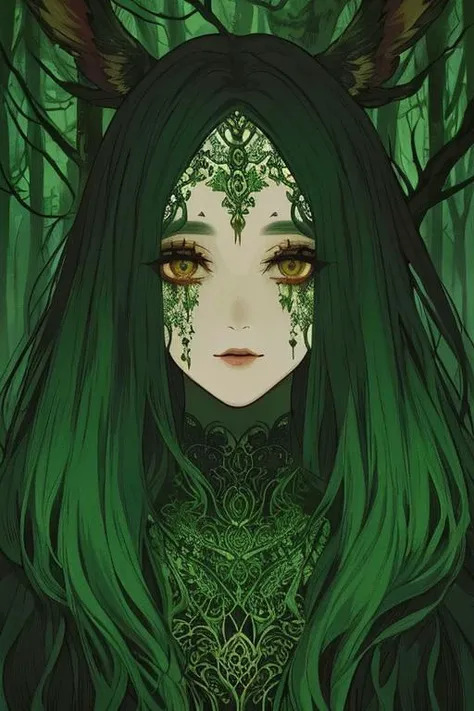 woman in a mythical forest, masterpiece, perfect face, intricate details, horror theme