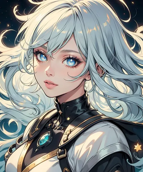 (masterpiece), (best quality), (vibrant light colors), Super Detail, illustration, a girl, beautiful detailed eyes, stars, messy floating hair, depth of field