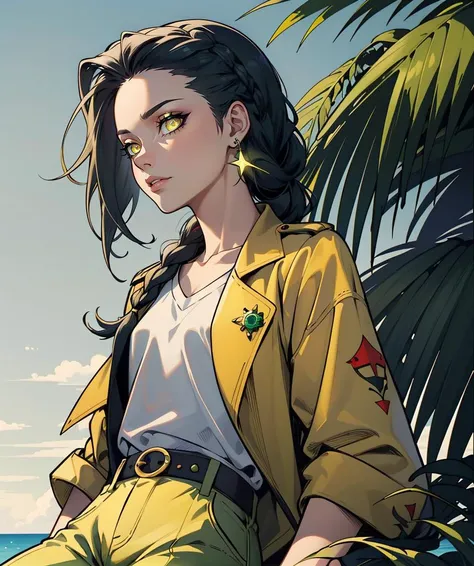 (best quality, masterpiece:1.1), SFW, 1 Girl, (Mauritian:1.2), (green french braid hairstyle), yellow trousers, spinel jewelry, Hauberk accents, glowing pupils, dark grey eyes, peaceful expression, savanna background, flat colors, cel shading, hard shadows...