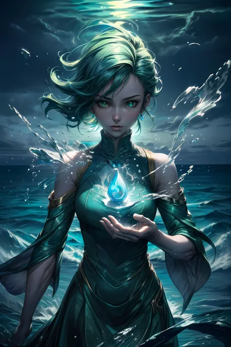 (ultra-detailed), (masterpiece), (best quality), (depth of field), (sharp focus), (cinematic lighting), (vibrant colors), water bender, 1girl, pastel green dress, water, ocean, magical, fantasy  <lora:more_details:1>