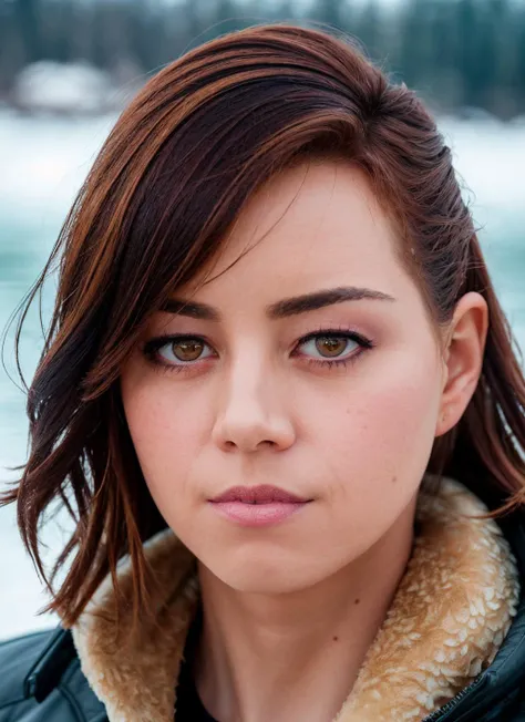 closeup portrait of skswoman, shy , wearing tailored , with chestnut Feathered haircut , background frozen lakeside epic (photo, studio lighting, hard light, sony a7, 50 mm, matte skin, pores, colors, hyperdetailed, hyperrealistic), <lyco:Aubrey Plaza:1.1>