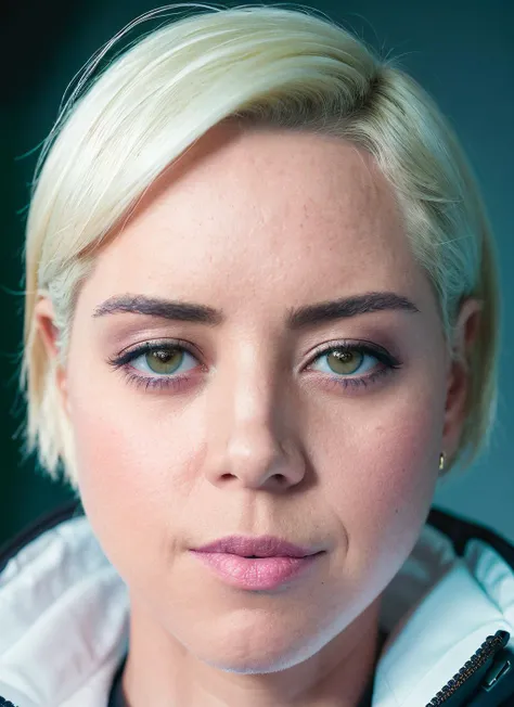 closeup portrait of skswoman, confident , wearing outerwear , with white French bob , background ship epic (photo, studio lighting, hard light, sony a7, 50 mm, matte skin, pores, colors, hyperdetailed, hyperrealistic), <lyco:Aubrey Plaza:1.1>