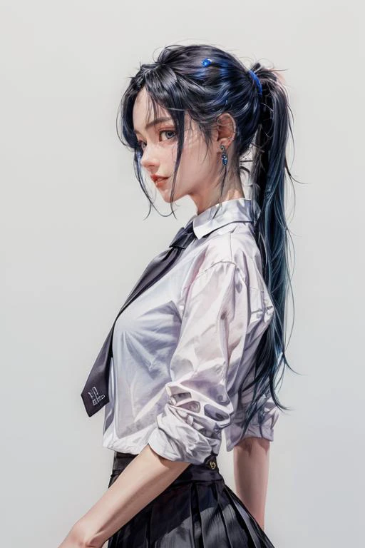 (masterpiece:1.2), best quality, 1 girl, solo, skirt, necktie, black hair, long hair, jewelry, blue hair, black skirt, earrings, looking at viewer, from side, breasts, ponytail, wavy hair, blue eyes, <lora:try2:0.8>, <lora:add_detail:1.0>