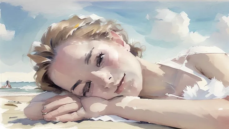 <lora:Colorwater_v1:1.0> a beautiful young slim woman laying on a beach, watching the clouds, white dress, (beautiful face:1.4), (best quality), (masterpiece:1.1)