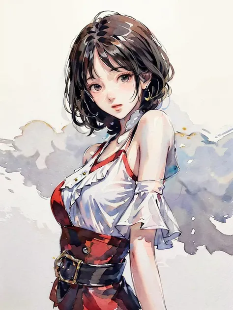 ANIME,WATERCOLOR,CHINESE,PAINTINGS,ARTSTYLE,(white background:1.4), original,(illustration:1.1),(best quality),(masterpiece:1.1), (colorful:0.9),(medium shot:1.4),upper body, clear sharp focus,indoors, looking at viewer,a young woman in a red dress,((beaut...