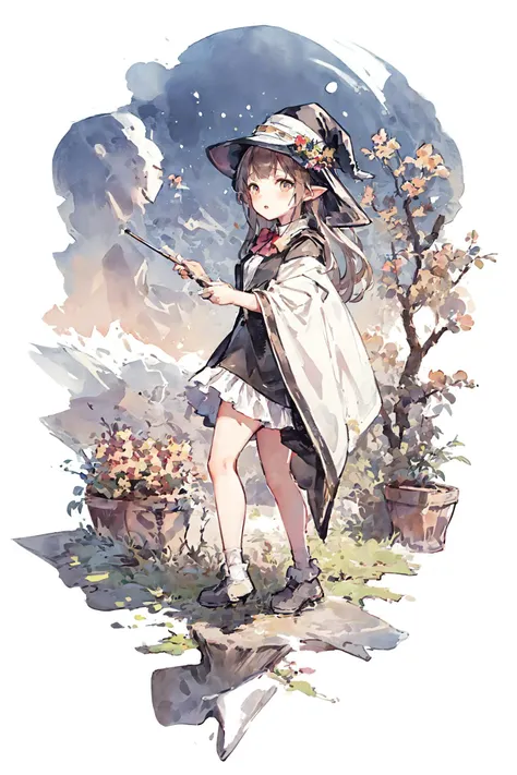 masterpiece, best quality,1girl,adjusting clothes,adjusting headwear,basket,blush,bow,bowtie,breasts,brown eyes,brown hair,cloak,cloud,cloudy sky,crescent moon,dress,fantasy,flower,full body,glowing,glowing flower,hat,light particles,lily pad,long hair,loo...