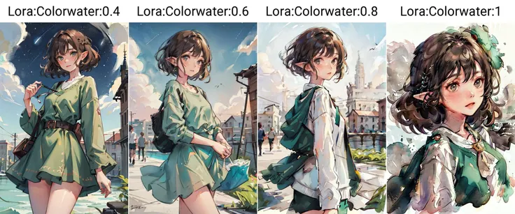 1girl, brown hair, grey eyes, short hair, wavy hair, (elf:0.91), green dress, outdoors, night sky, <lora:Colorwater:0.4> colorwater, (perfect anatomy:1.10), (masterpiece, best quality:1.21)