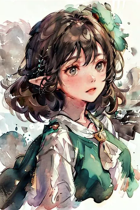 1girl, brown hair, grey eyes, short hair, wavy hair, (elf:0.91), green dress, outdoors, night sky, <lora:Colorwater:1> colorwater, (perfect anatomy:1.10), (masterpiece, best quality:1.21)