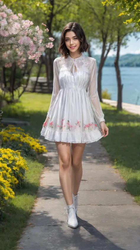 a woman walking down a path in a white dress