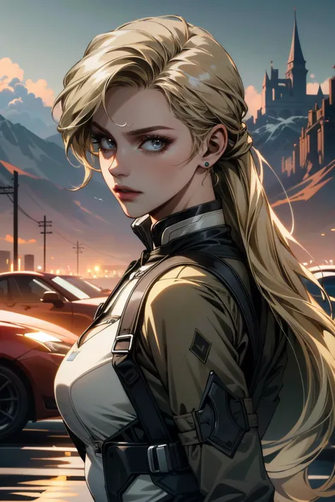 a woman with blonde hair and a black vest standing in front of a city