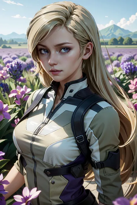 a close up of a woman in a field of flowers