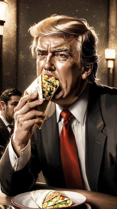 Donald Trump (messily eating a burrito:1.2, holding a (burrito in his mouth:1.3), (head tilted), messy, fast food, salsa, messy table, backlit, intricate details, highly detailed, slate atmosphere, (cinematic:1.3), dimmed colors, dark shot, muted colors, f...