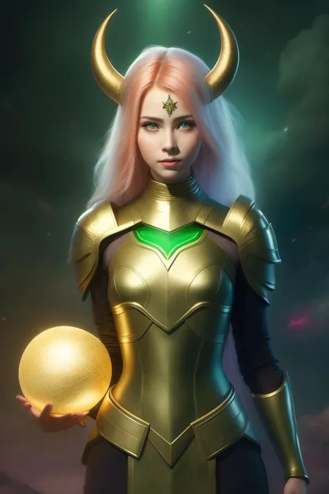 a profesional picture of 1girl Zyx - demon girl with pale red skin and glowing green eyes, she wear magic glowing armor with spikes and runes, she is tall and slender, thin body, tiny tits, weak bulid, gold horns on her head, envy smile, she hold magic sph...