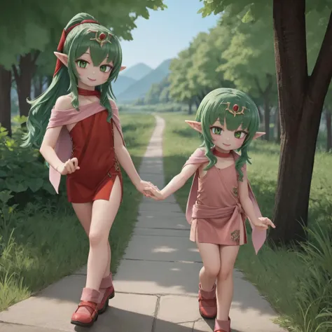 masterpiece, 1girl, smile,red sleeveless short dress, pink stole, green hair,tiara,  green eyes, walking, 
<lora:tiki-fef:0.8>ti...