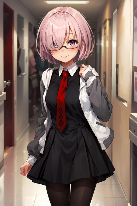 masterpiece,best quality,1girl,mash kyrielight,kyriedef,hair over one eye,glasses,jacket,black dress,red necktie,pantyhose,smile,blush,hallway,<lora:fate_mashkyrielight_v2:1>,