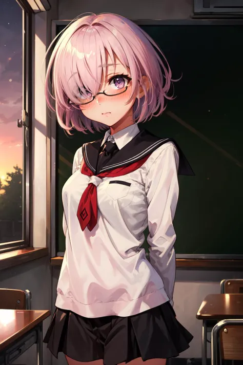 masterpiece,best quality,1girl,mash kyrielight,hair over one eye,pink hair,purple eyes,school uniform,glasses,shy,blush,arms behind back,classroom,dusk,<lora:fate_mashkyrielight_v2:1>,