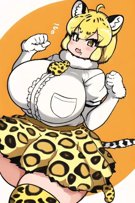 masterpiece, highres, jaguar kemono friends, ahoge, short hair, white shirt, animal ears, blonde hair, blush,  print skirt, white shirt, short sleeves, breasts, elbow gloves, fur collar, fang out, gloves, center frills,  gradient hair, hanging breasts, hug...