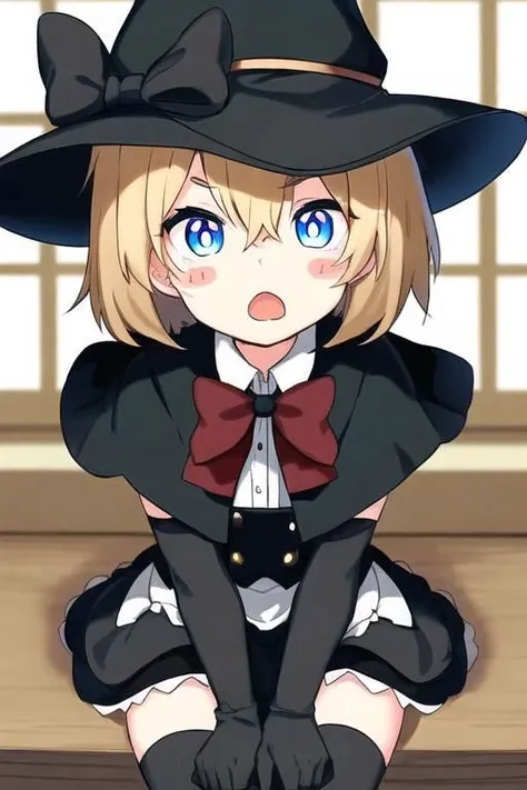 black capelet, black gloves, black headwear, black skirt, black vest, blonde hair, blush stickers, bow, bowtie, bright pupils, brown apron, buttons, capelet, elbow gloves, gloves, hair bow, hat, looking at viewer, open mouth, red bow, red bowtie, short hai...