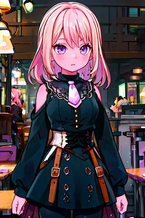 anime girl in a restaurant with a purple tie and a black dress