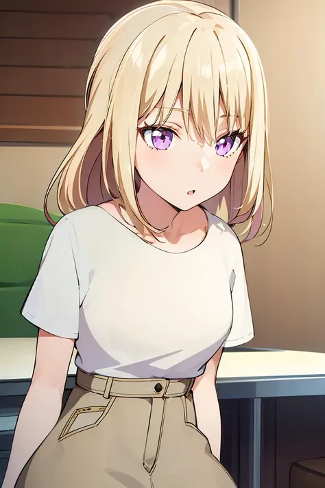 anime girl with blonde hair and purple eyes in a white shirt