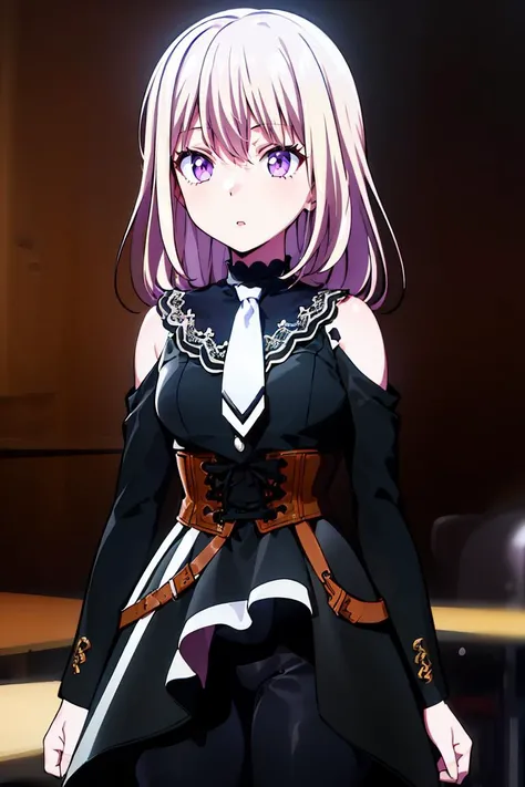 anime girl with long hair and purple eyes in a black dress