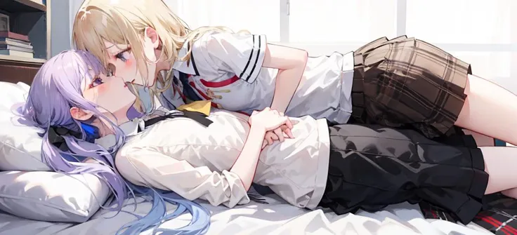 bare legs,bare foot,2GIRLS,(yuri:1),PIXIV,(looking_at_another:1.1),(facing another:1.1),lying on bed,holding legs,yuri sex,kiss,
masterpiece,best quality,absurdres,
skinny face,miniskirt,good fingers,french kiss,
ADDCOMM,
misumi uika,elder sister,<lora:cha...