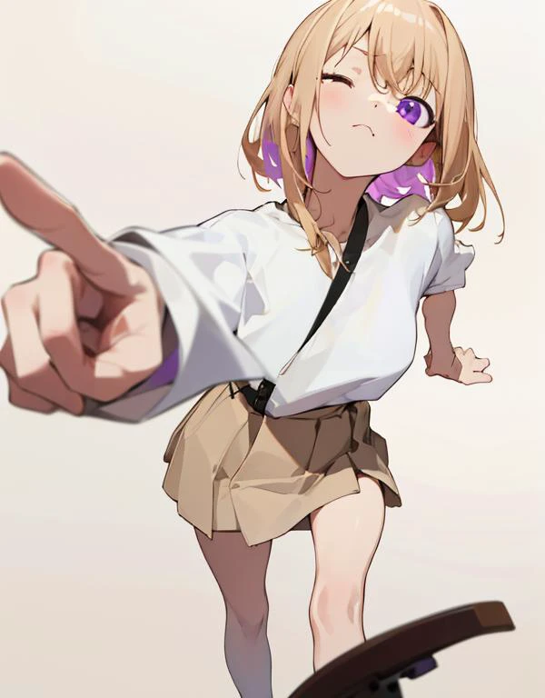 masterpiece,absurdres,<lora:char-mygoä¸è§åè¯ Misumi Uika (Bang dream! Ave Mujica):0.8>,misumi uika,white shirt,short sleeves,arm_behind_back,small breasts,pointing at viewer,looking at viewer,one eye closed,brown_skirt,, masterpiece, best quality,absu...