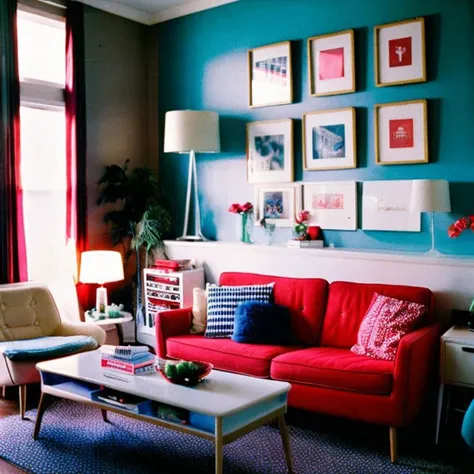 a brightly colored living room with a red couch and a blue wall