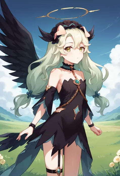 a woman with long hair and horns standing in a field