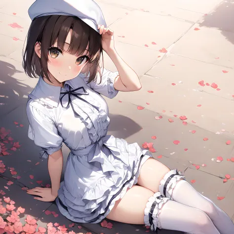 anime girl sitting on the ground with petals around her