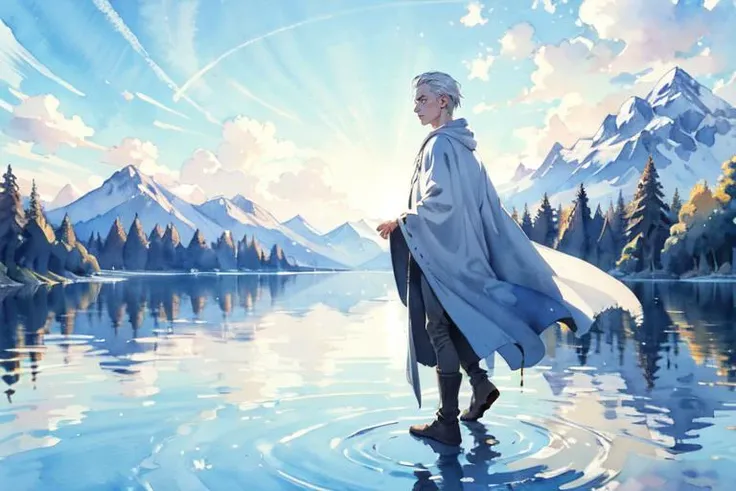 watercolor (medium), (best quality, masterpiece:1.3),1boy,solo,
silver hair, bright pupils, short hair, hair slicked back, wizard robeï¼
walking on the lake,  wide angle, blue bird, <lora:water_20230709214459:0.3>