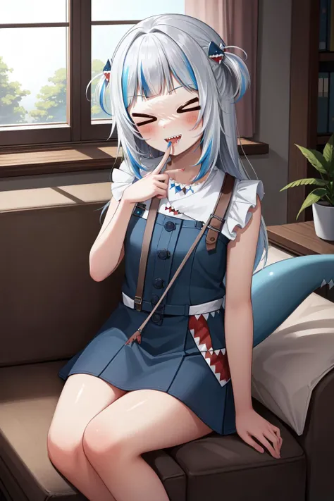 anime girl with blue hair sitting on a couch smoking a cigarette