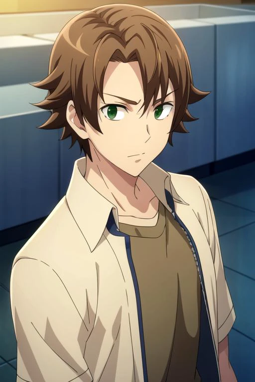 masterpiece, best quality, game cg, 1boy, solo, male focus, looking at viewer, upper body, depth of field, <lora:ryou_oohiro:0.72>, ryou_oohiro, brown hair, green eyes