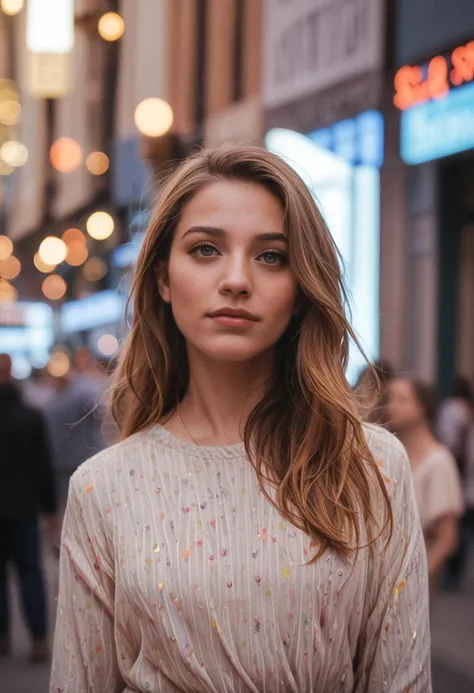 a woman standing on a city street in a dress