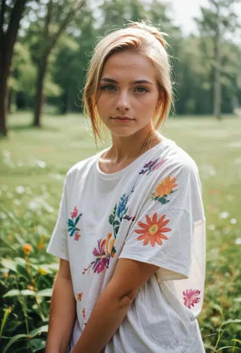 a close up of a woman standing in a field of flowers