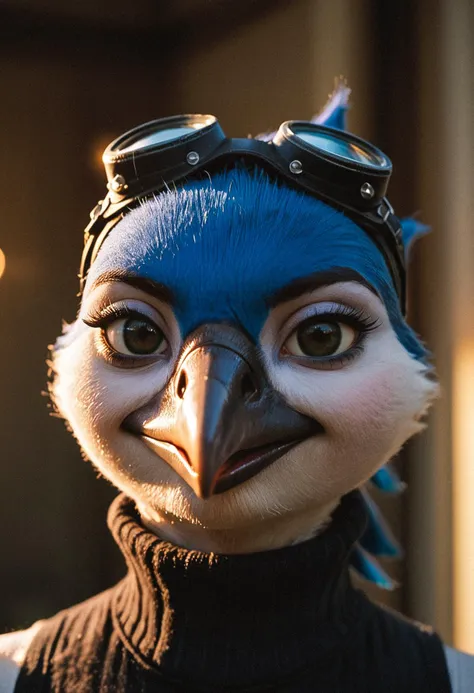 a close up of a bird wearing goggles and a sweater