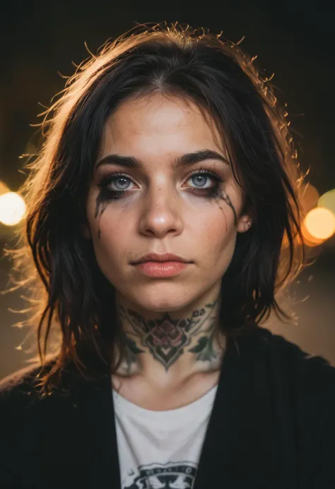 score_9, score_8_up, score_7_up, photo, realistic, Film still, cinematic, photo of a cute girl, pale skin, cute face, looking at viewer, band promo, goth girl, heavy eye makeup, smeared makeup, detailed skin texture, shot on film, vibrant colors, bokeh, mo...