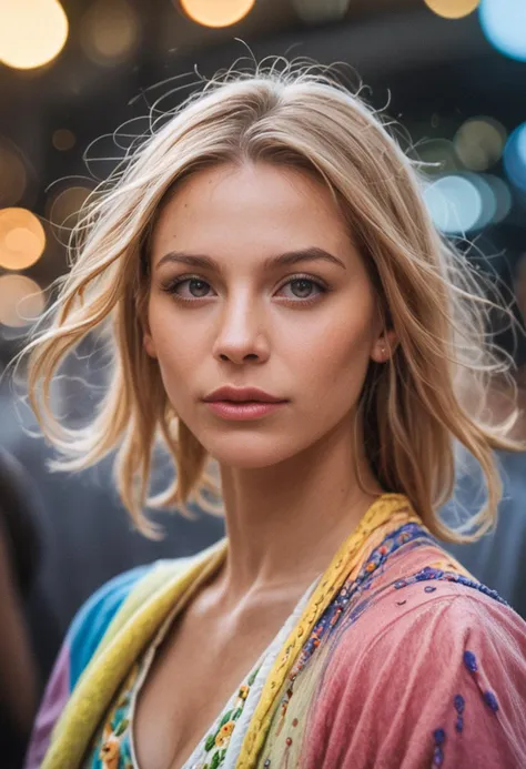 a woman with blonde hair and a colorful cardigan looks at the camera