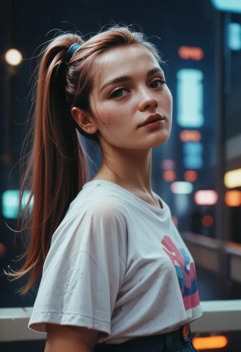 a woman with a ponytail standing in front of a city at night