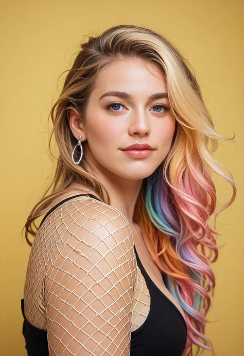 a woman with colorful hair and fishnets posing for a picture