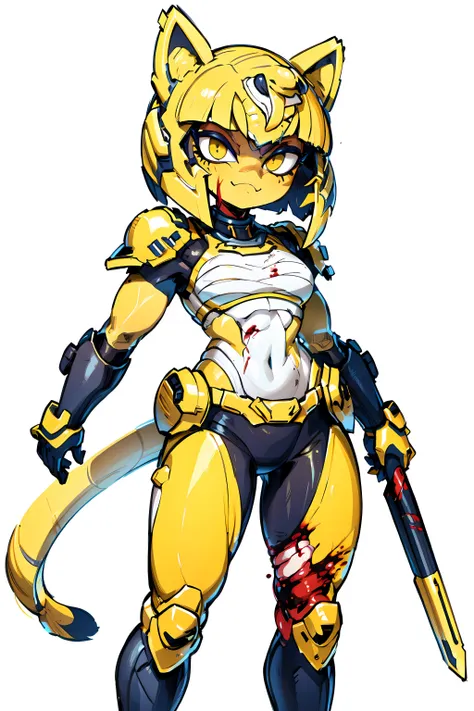 <lora:Ankha_v2_RETRAIN:1> ankha, tail, bandages,  <lora:doomslayer2:0.5> armor, helmet, (((White and yellow power armor))), Egyptian armor, ((blood)), (((simple background))), scary smile,