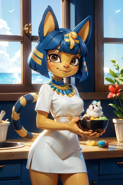 ankha, furry, blue hair, hair ornament, yellow skin, black eyes,white dress, tail, looking at viewer, smiling, happy, teeth, medium shot, standing, inside kitchen, holding bowl of ice cream, window, ocean, natural lighting,  high quality, masterpiece, <lor...