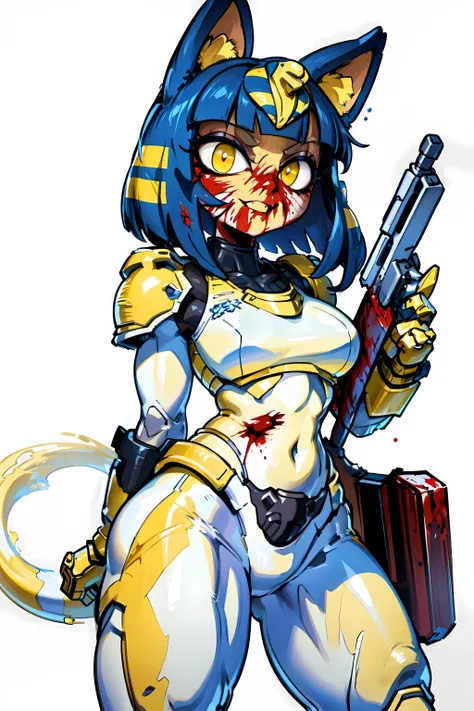 <lora:Ankha_v2_RETRAIN:1> ankha, tail, bandages,  <lora:doomslayer2:0.5> armor, blue hair, (((White and yellow power armor))), Egyptian armor, ((blood)), (((blood background))), scary smile, gun, holding gun,