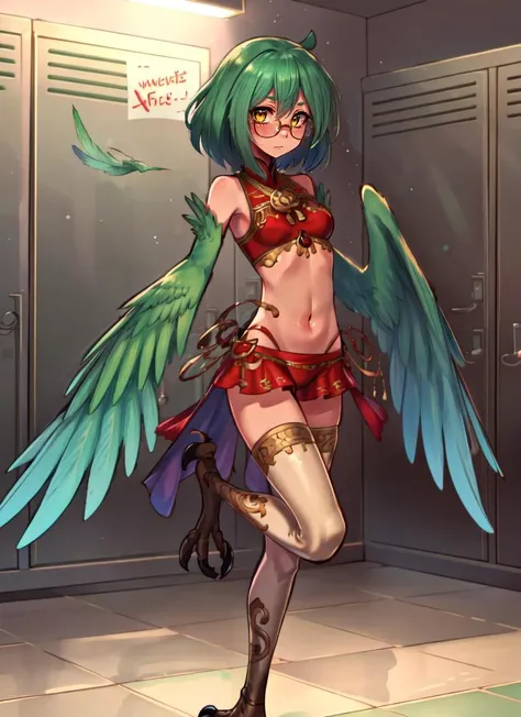 a woman with green hair and wings standing in a room