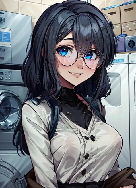 anime girl with glasses and a white shirt standing in front of a washing machine