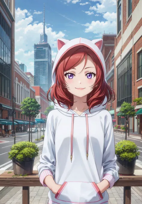 8k,best quality, highres, looking at viewer, outdoor, skyscraper, modern city,
maki nishikino, (hoodie:1.4), looking at viewer, smile,
 <lora:maki-lovelive:1>