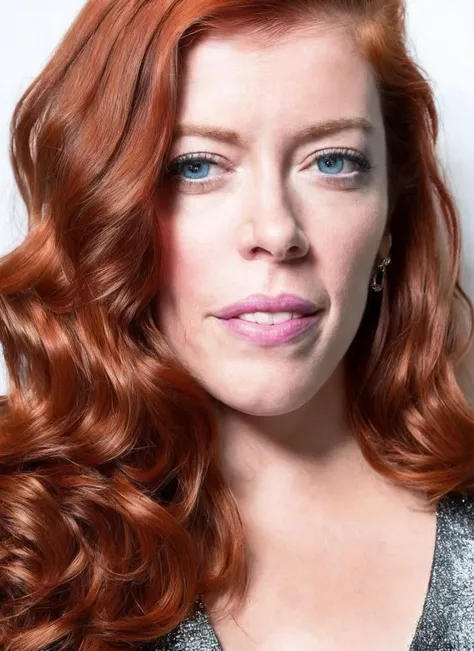 a close up of a woman with red hair and a silver dress