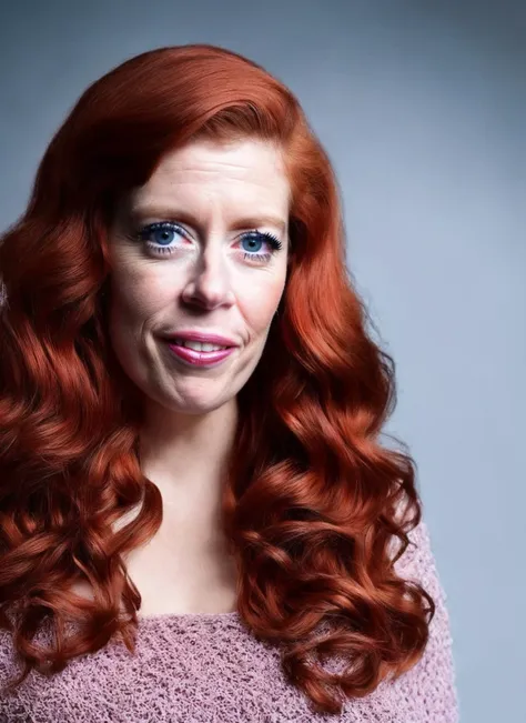 a close up of a woman with red hair and blue eyes