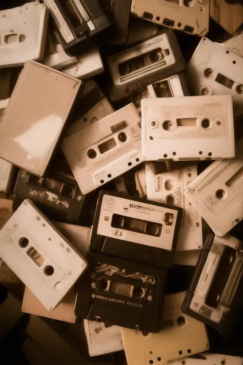 a close up of a pile of old cassettes on a table